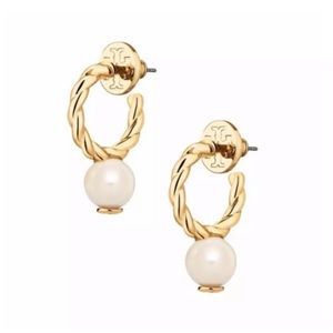 Tory Burch Gold Rope Logo Pearl Hoop Earrings